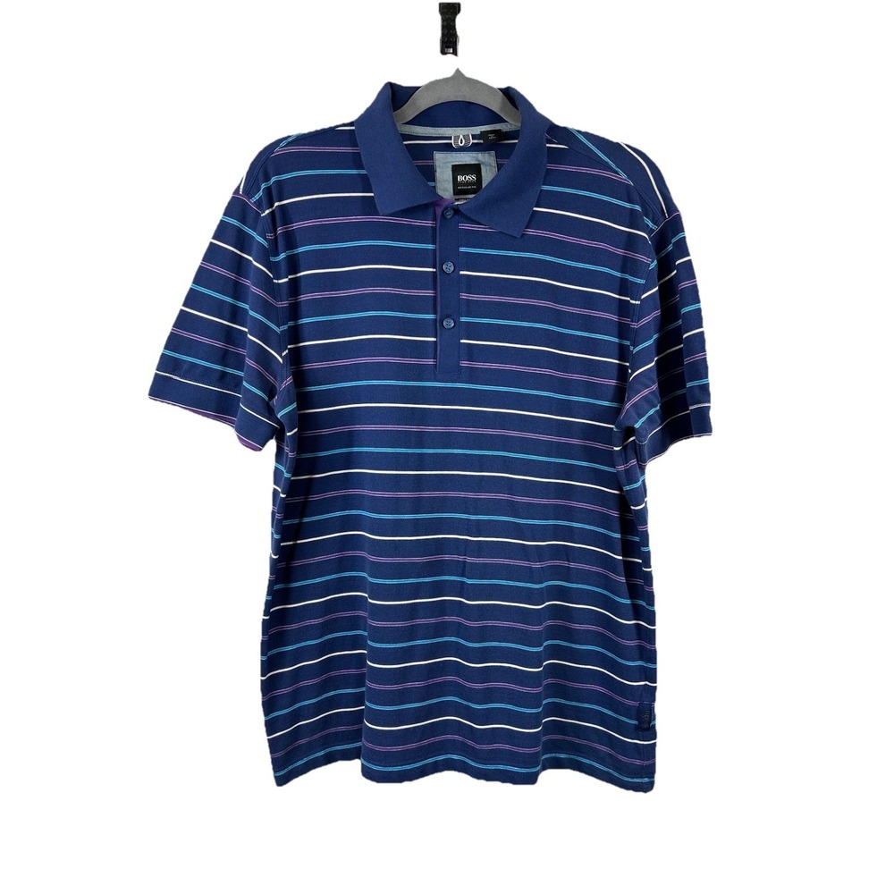 BOSS Hugo Boss Men's Pima Cotton Striped Polo Shirt Regular Fit Navy Blue Size L